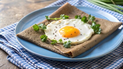 Savory crepe topped with fried egg and herbs on a rustic plate