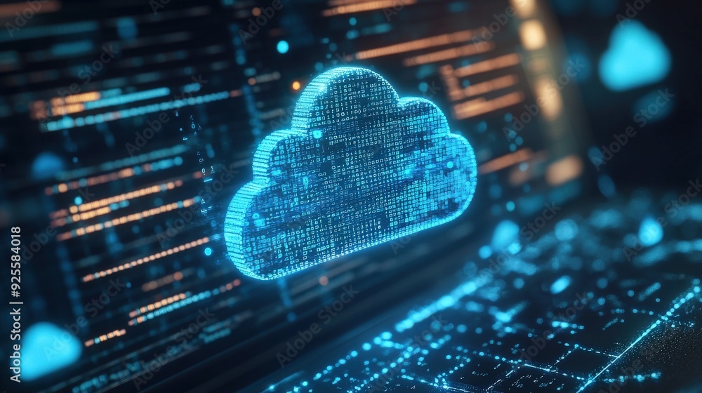 Aufkleber a white cloud icon hovering over a laptop screen displaying digital code, symbolizing the intersecti