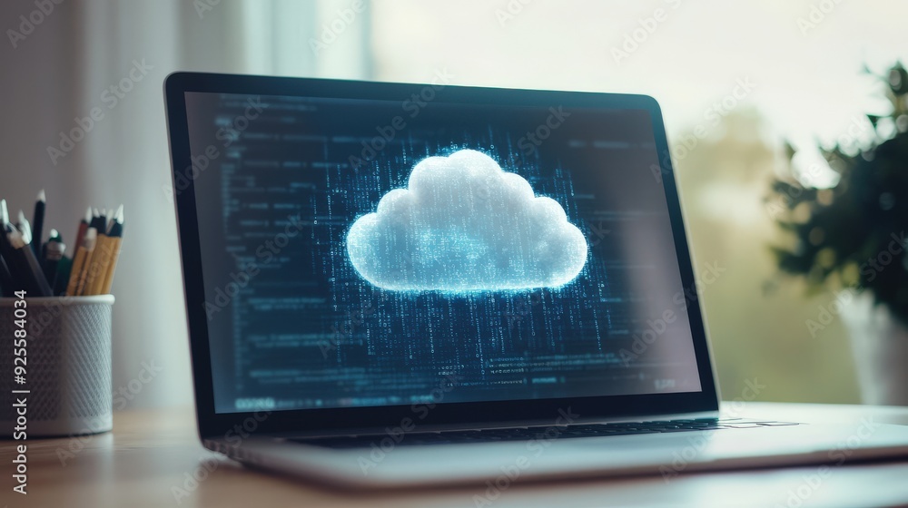 Poster a white cloud icon hovering over a laptop screen displaying digital code, symbolizing the intersecti