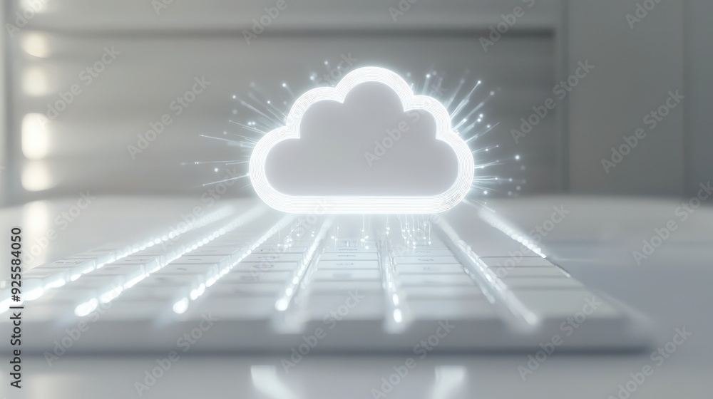 Poster a white cloud icon hovering over a white keyboard, with light rays symbolizing data transfer in clou
