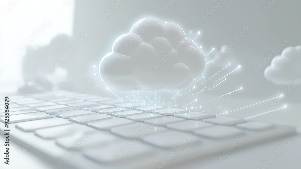 Poster a white cloud icon hovering over a white keyboard, with light rays symbolizing data transfer in clou