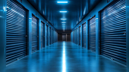 A corridor of storage units illuminated by blue lights.
