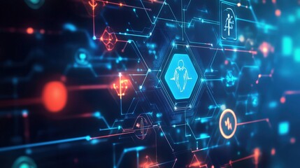 Abstract background with medical symbols and glowing circuits, representing the future of interconnected healthcare systems