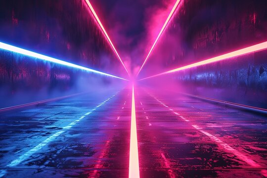 3d abstract neon light background, chaotic trajectory path glowing in ultraviolet spectrum, beam, violet blue red laser rays