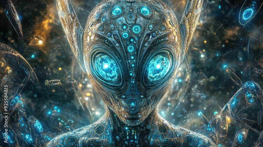Poster alien being with intricate body patterns and glowing eyes, surrounded by a mysterious and otherworld