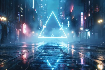 abstract blue green neon background. Holographic triangular pyramid glowing in the dark, levitating above the street. City under the starry night sky. Digital geometric wallpaper