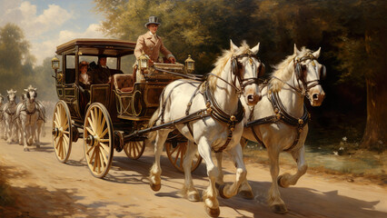 Landau Carriage - horse, carriage, travel, road, countryside, horses, historical, transportation, journey, wheels, driver, trees, nature, outdoor, vintage, coachman