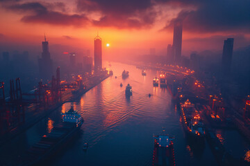 Naklejka premium a city at sunset with ships and boats in the water
