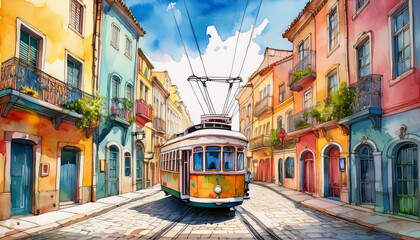 Obraz premium Vibrant watercolor of a tram on a quaint street basked in sunlight