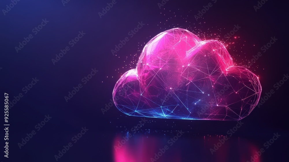 Poster an abstract cloud icon composed of geometric patterns and neon light, representing the cutting-edge 