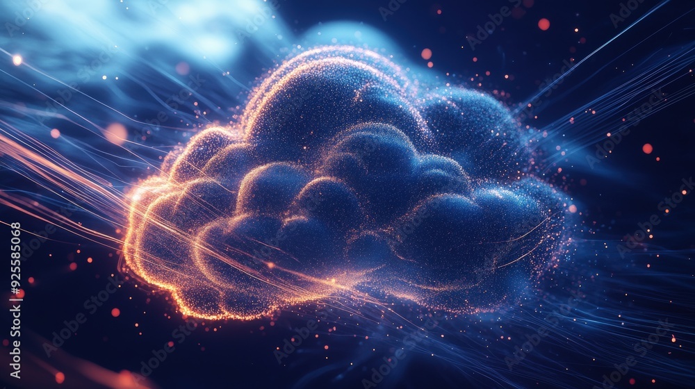 Poster an abstract cloud icon made of swirling digital lines and light particles, representing the dynamic 