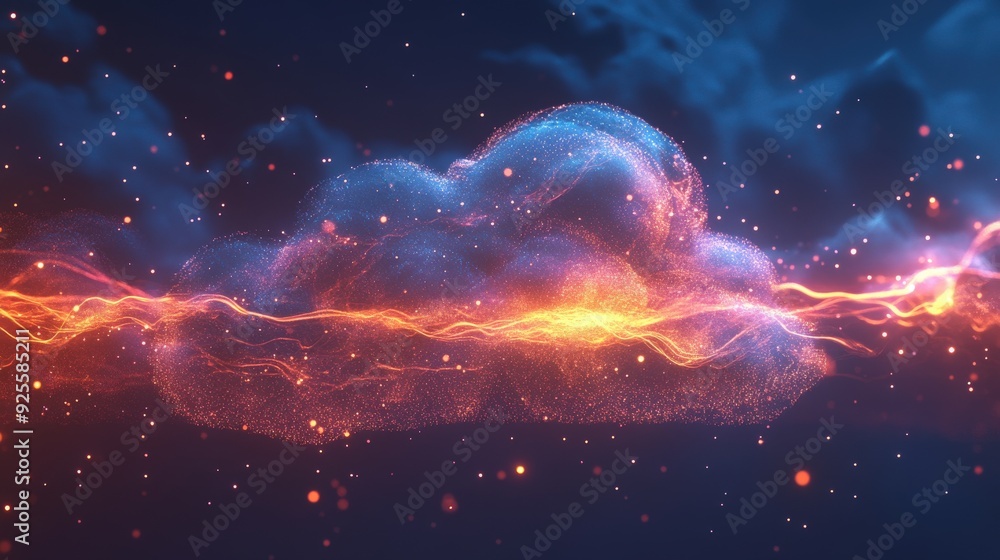 Poster an abstract cloud symbol formed by flowing lines and glowing particles, symbolizing the seamless int
