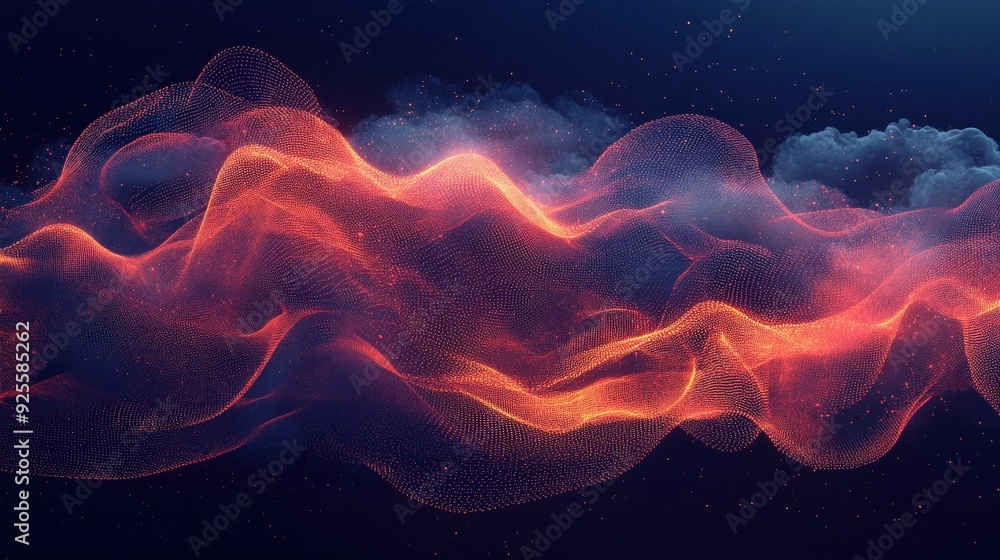 Poster an abstract digital cloud composed of flowing lines and dots, representing the ethereal and intercon