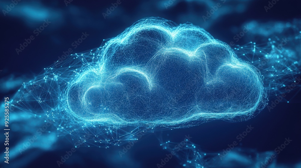 Poster an abstract digital cloud composed of flowing lines and dots, representing the ethereal and intercon