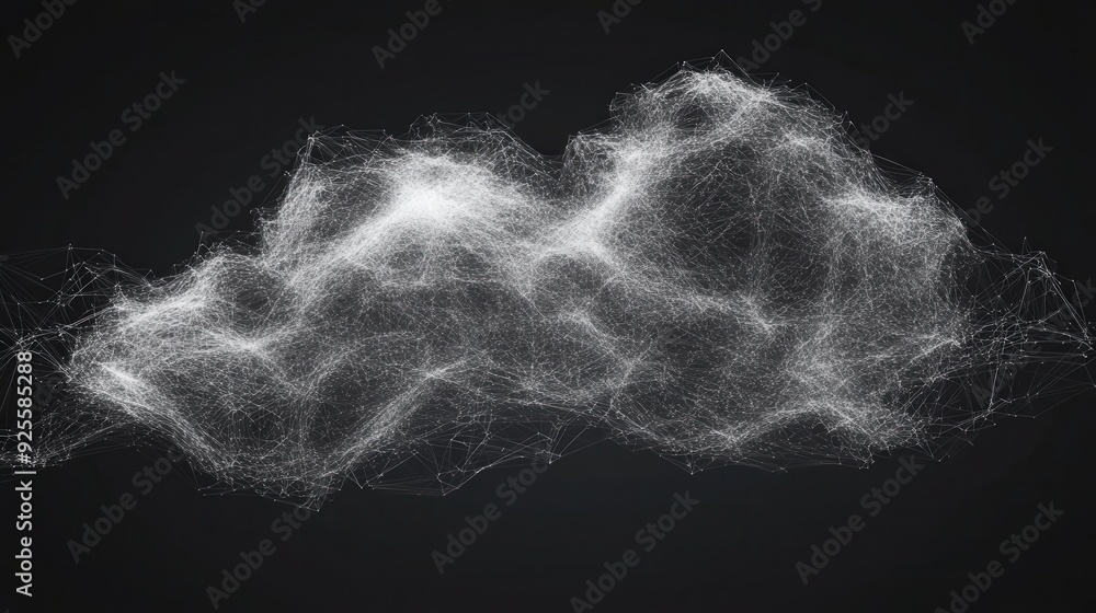 Poster an abstract digital cloud composed of flowing lines and dots, representing the ethereal and intercon