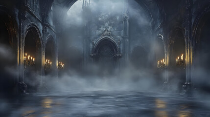 Obraz premium A dark, atmospheric interior with gothic architecture and flickering candlelight.