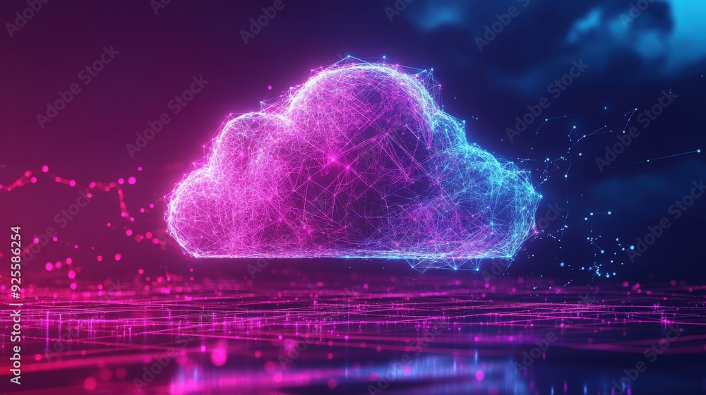 Poster an abstract cloud icon composed of geometric patterns and neon light, representing the cutting-edge 