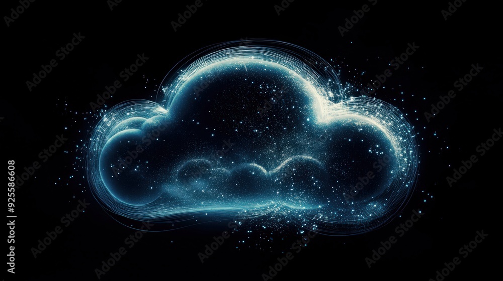 Poster an abstract cloud symbol formed by flowing lines and glowing particles, symbolizing the seamless int
