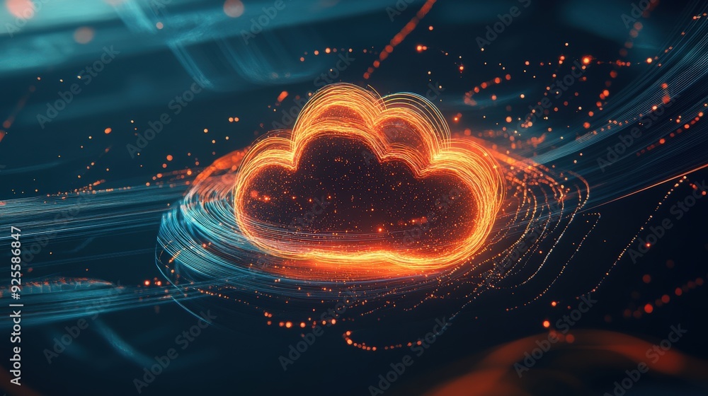 Poster an abstract, glowing cloud icon surrounded by swirling digital lines and particles, symbolizing the 