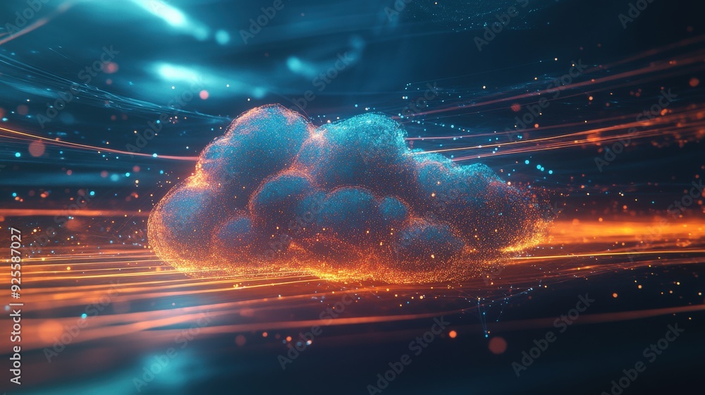 Poster an abstract representation of a cloud with glowing lines and particles, symbolizing the invisible ye
