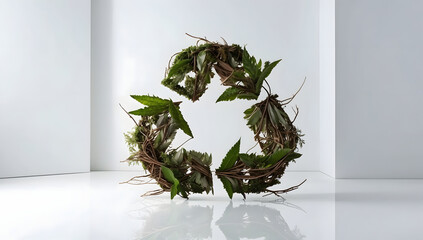 Green recycling symbol made out of leaves and elements of nature on white background. Banner with copy space. Concept of ecological waste management and recycling. Save the planet. Carbon footprint.