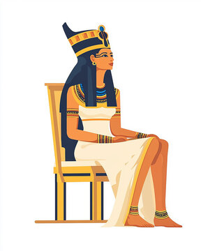 Egyptian woman pharaoh statute sitting on a golden throne chair wearing a gold neme. Ancient Egyptian illustration design art isolated on a white background 