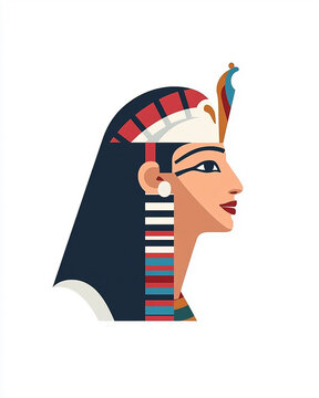 Egyptian woman pharaoh head portrait adorned in a multi colored head dress. Ancient Egyptian illustration design art isolated on a white background 