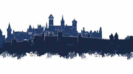 Silhouette of Carcassonne castle in France with detailed skyline against white background