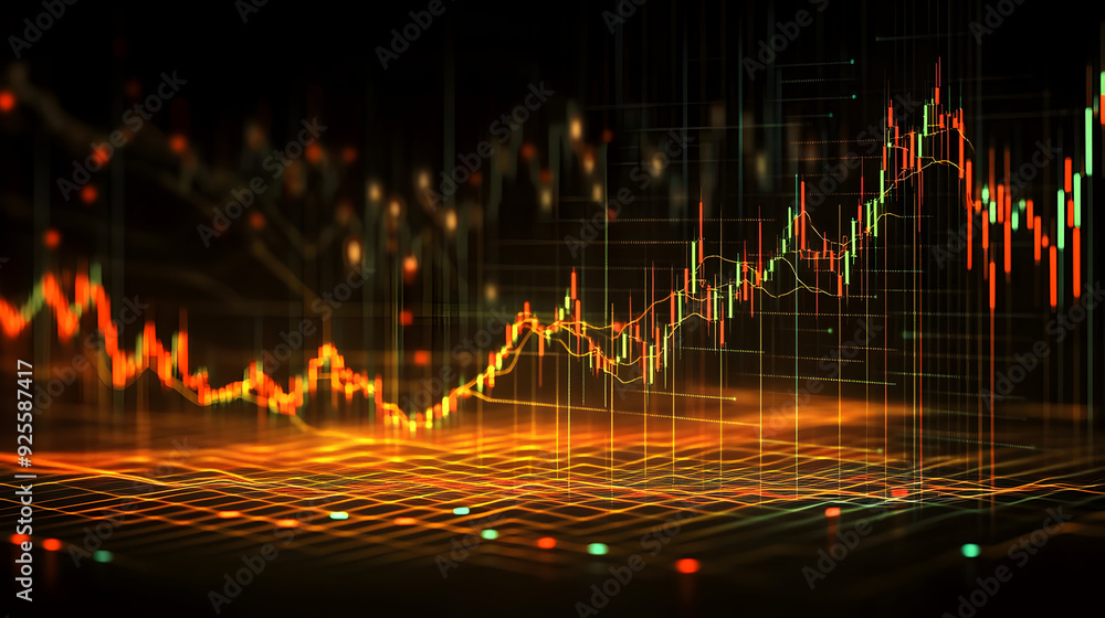 Poster a digital representation of a financial chart with fluctuating lines and glowing elements.