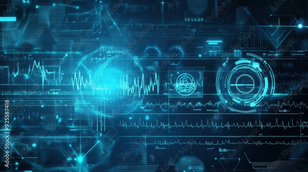Poster background with digital waveforms and medical symbols, representing the integration of technology in