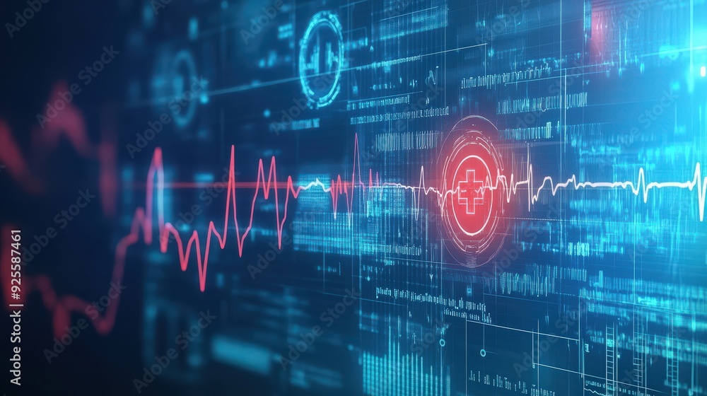 Poster background with digital waveforms and medical symbols, representing the integration of technology in