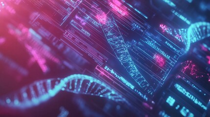Fototapeta premium Background with holographic medical symbols and DNA strands, illustrating advancements in biotechnology and genetics