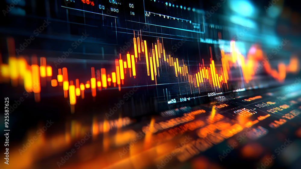 Poster a digital representation of stock market trends with fluctuating graphs and data points.