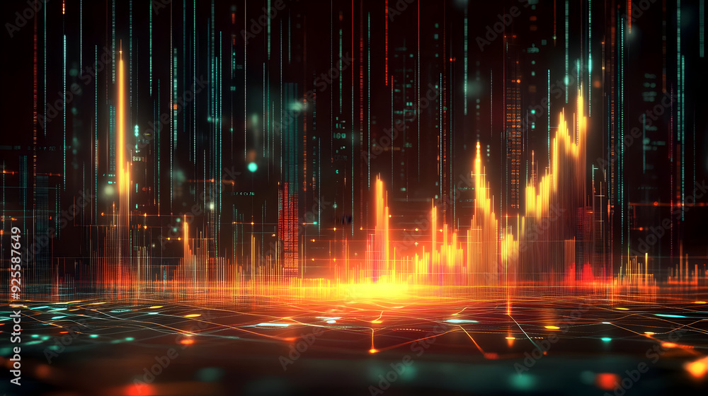 Poster a digital visualization of data trends and analytics in vibrant colors.