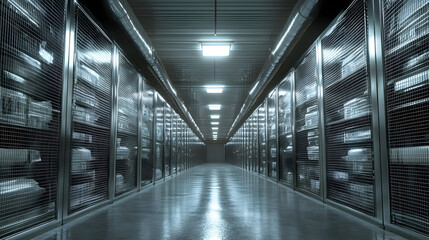 A dimly lit corridor in a storage facility with shelves.