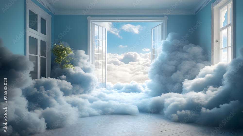 Poster a dreamy room filled with clouds and an open window to the sky.