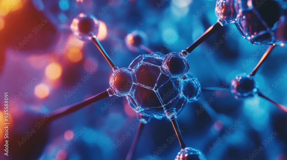 Poster close-up of nanomaterials under a microscope, showcasing their unique structures and potential appli