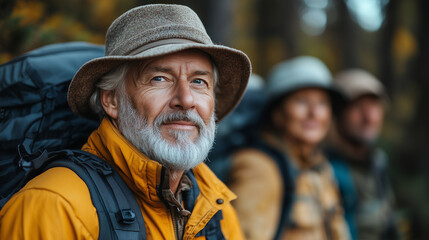 Obraz premium A group of elderly friends going for a hike in the woods, enjoying the exercise and the beauty of nature.