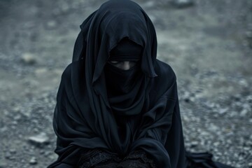  Mysterious woman in black niqab, dramatic desolate background - ideal for fashion, cultural diversity themes.