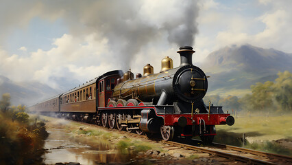 Obraz premium Steam Engine Train - train, steam, railway, locomotive, vintage, old, travel, transportation, railroad, tracks, countryside, hills, smoke, journey, antique