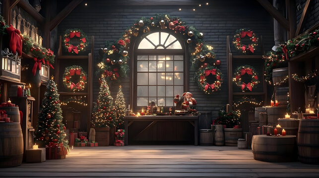 A festive interior decorated for Christmas with trees and ornaments.