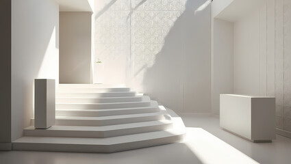 Obraz premium Crafting an Ultra-Realistic Minimalist Interior with Elegant White Podiums and Geometric Shadows in Serene Modern Architecture Using Generative AI