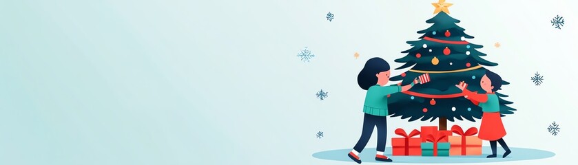 Joyful children decorate a Christmas tree together, creating festive memories filled with laughter and holiday spirit.