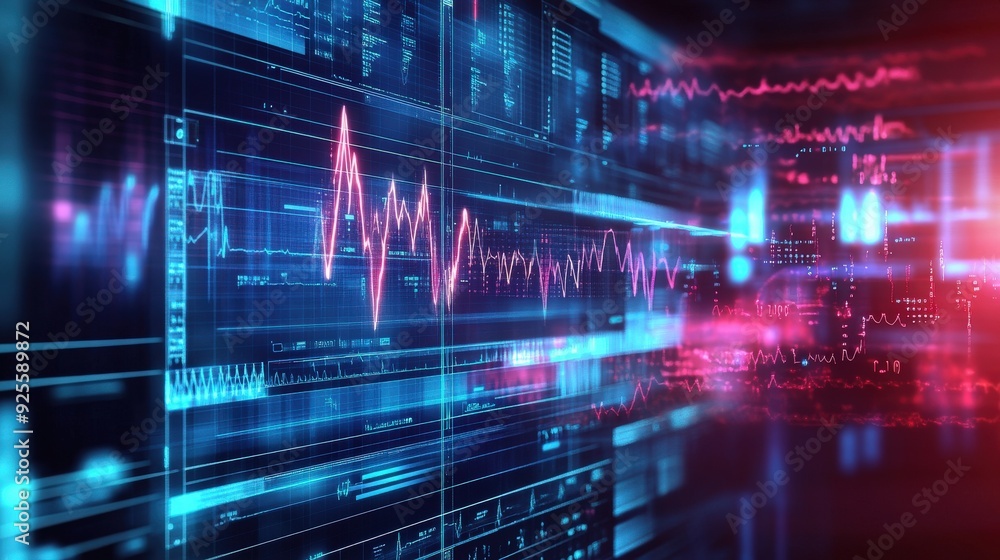 Poster digital waveforms and holographic displays, abstractly representing medical diagnostics and patient 