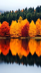 Obraz premium Vibrant autumn foliage reflecting in a serene lake, showcasing rich colors of orange, red, and yellow against a backdrop of evergreen trees.
