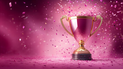A golden trophy surrounded by pink confetti on a vibrant background.