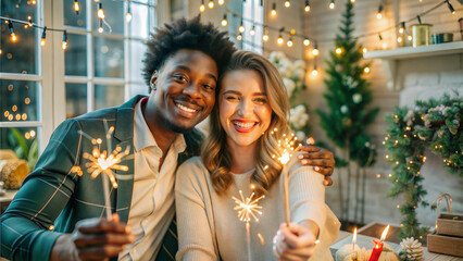 Cheerful young couple holding sparklers and smiling while celebrating Christmas at home