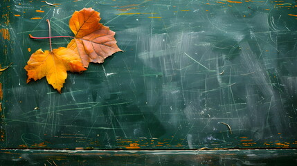 Back to school concept. Top view with autumn dry leaves on chalkboard background. Banner for September 1, first day of school. Bright autumn background with empty copy space for text