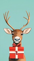 A playful deer poses with a gift box, symbolizing the festive season. Perfect for holiday themes and cheerful decorations.