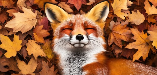 Fototapeta premium A playful fox resting on a bed of autumn leaves, showcasing vibrant orange fur and a content expression.